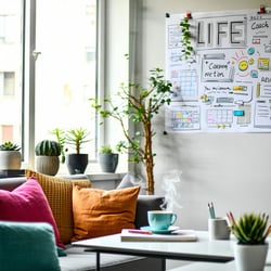 The image depicts a bright inviting office space with a large window allowing natural light to flood in A comfortable modern sofa sits in one corner adorned with colorful cushions while a sleek coffee table holds a notebook and a steaming cup of tea